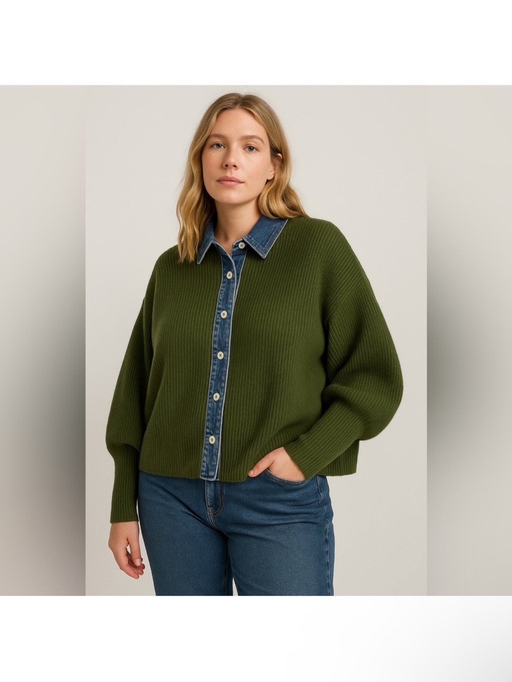 Commense Panel Breasted Stretch Lapel Knit Top Olive Green size M